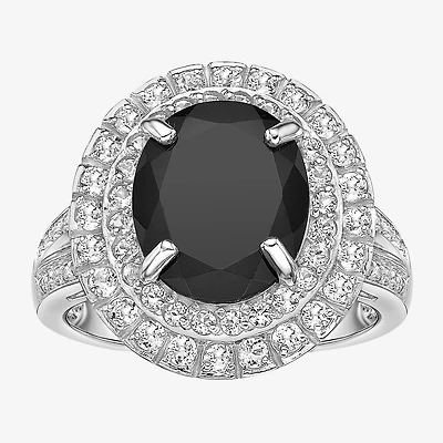 Womens Genuine Black Onyx Sterling Silver Oval Halo Cocktail Ring