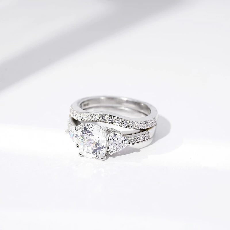 Diamonart Womens Cubic Zirconia Sterling Silver Side Stone 3-Stone Bridal Set