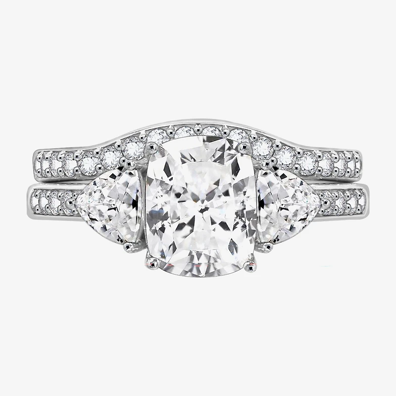 Diamonart Womens Cubic Zirconia Sterling Silver Side Stone 3-Stone Bridal Set