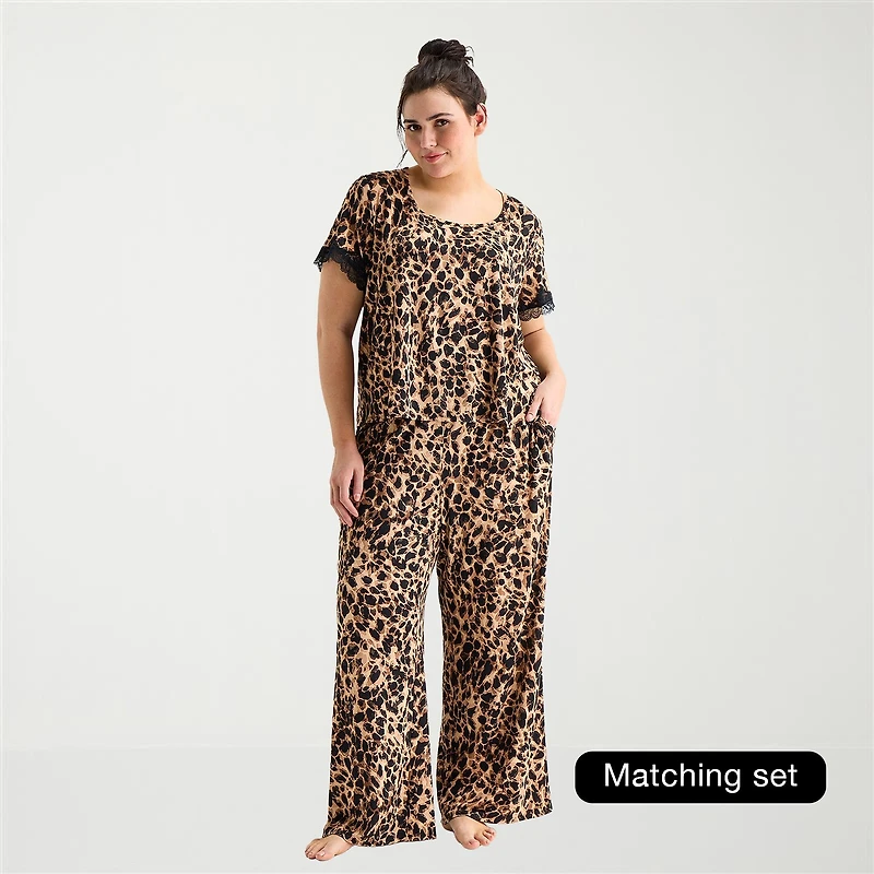 Ambrielle Womens Round Neck Short Sleeve Plus Pajama Top