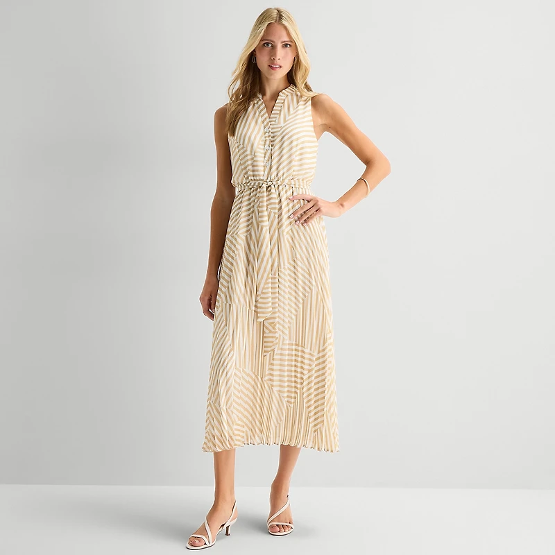 Studio 1 Womens Midi V Neck Sleeveless Striped Fit + Flare Dress