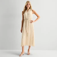 Studio 1 Womens Midi V Neck Sleeveless Striped Fit + Flare Dress