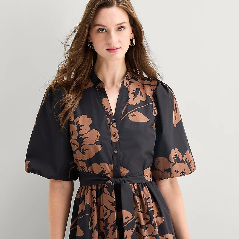 Studio 1 Womens Midi V Neck Short Sleeve Puffed Floral Fit + Flare Dress