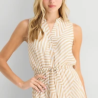Studio 1 Womens Midi V Neck Sleeveless Striped Fit + Flare Dress