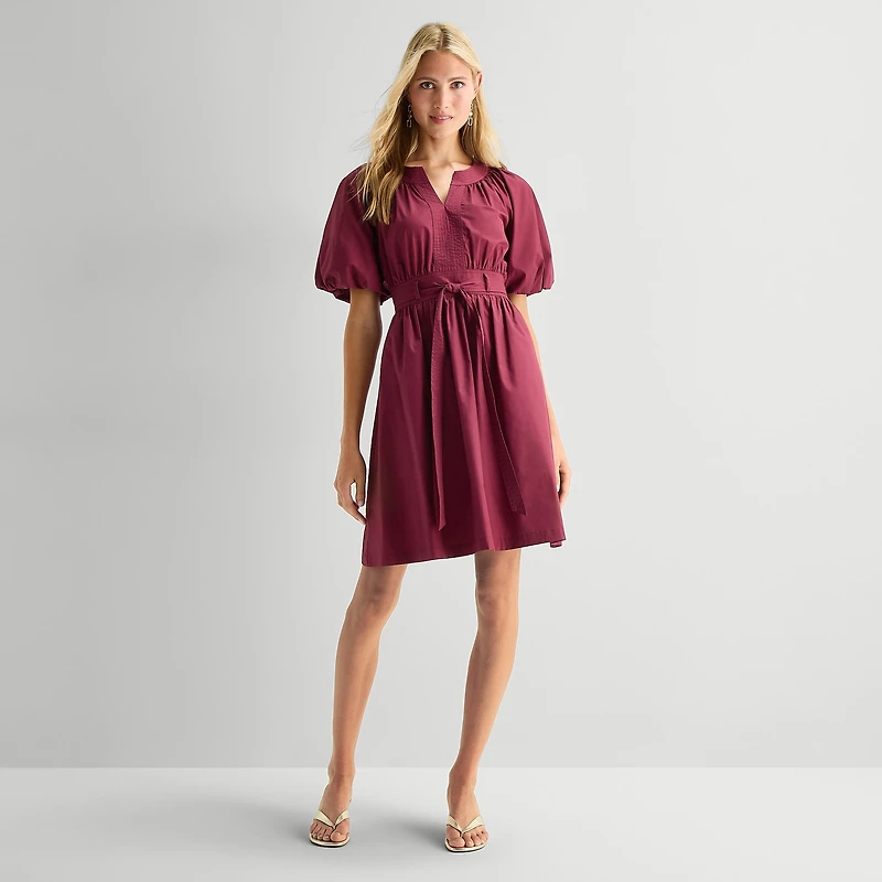 Studio 1 Womens Split Crew Neck Short Sleeve Puffed Fit + Flare Dress