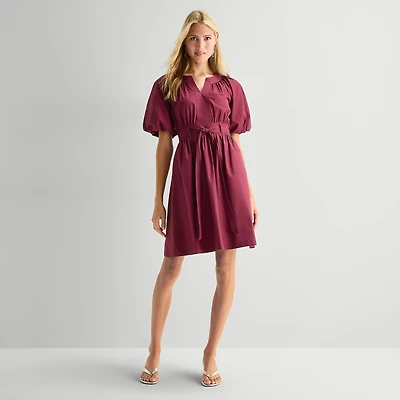 Studio 1 Womens Split Crew Neck Short Sleeve Puffed Fit + Flare Dress