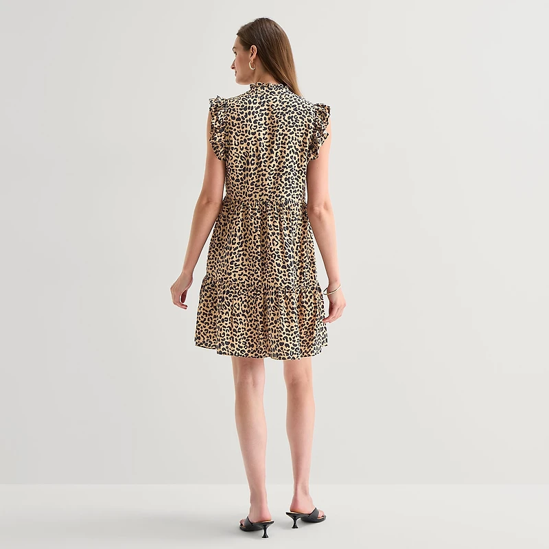 Studio 1 Womens V Neck Sleeveless Ruffled Abstract Fit + Flare Dress
