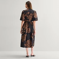 Studio 1 Womens Midi V Neck Short Sleeve Puffed Floral Fit + Flare Dress