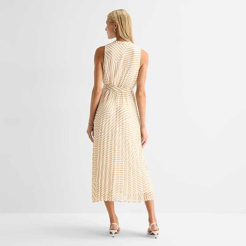 Studio 1 Womens Midi V Neck Sleeveless Striped Fit + Flare Dress