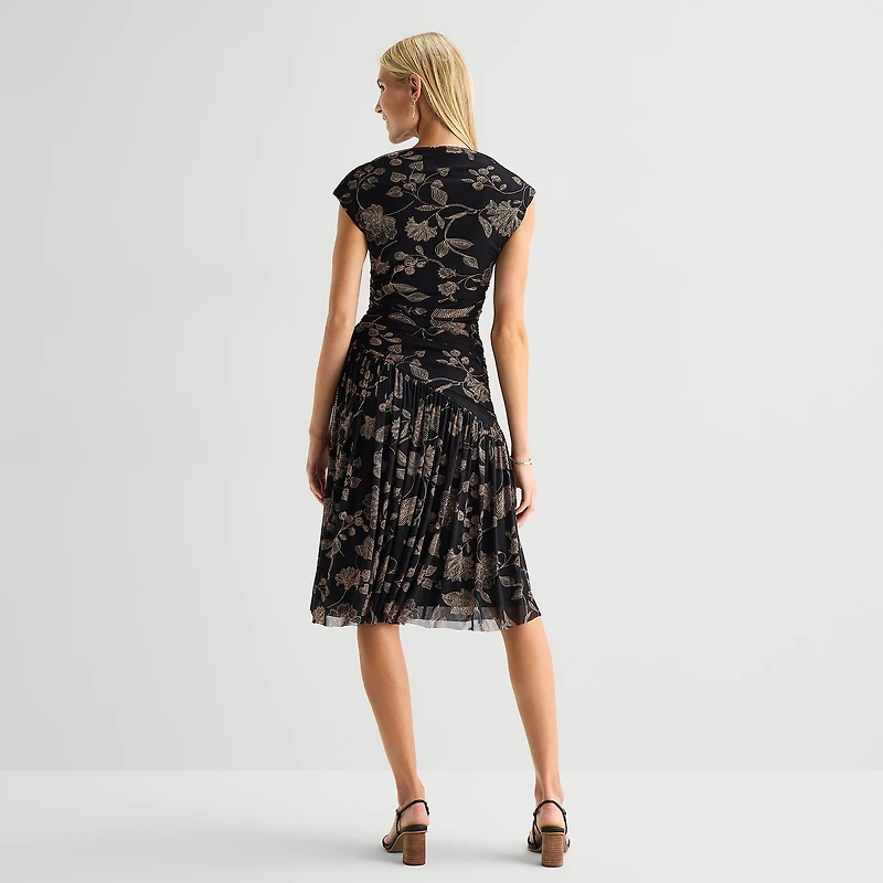 Robbie Bee Womens Petite Midi Round Neck Sleeveless Floral Fit + Flare Dress
