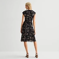 Robbie Bee Womens Petite Midi Round Neck Sleeveless Floral Fit + Flare Dress