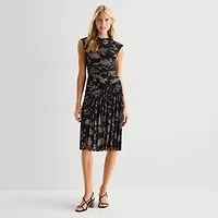 Robbie Bee Womens Petite Midi Round Neck Sleeveless Floral Fit + Flare Dress