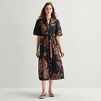 Studio 1 Womens Midi V Neck Short Sleeve Puffed Floral Fit + Flare Dress