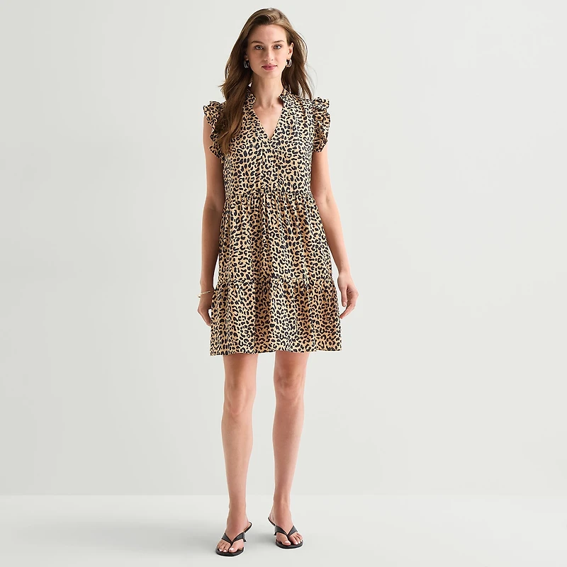 Studio 1 Womens V Neck Sleeveless Ruffled Abstract Fit + Flare Dress