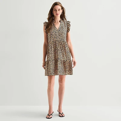 Studio 1 Womens V Neck Sleeveless Ruffled Abstract Fit + Flare Dress