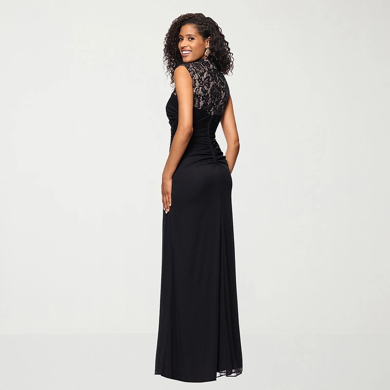 DJ Jaz Womens Round Neck Short Sleeve Lace Evening Gown