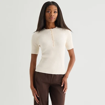 a.n.a Womens Crew Neck Short Sleeve Striped Pullover Sweater