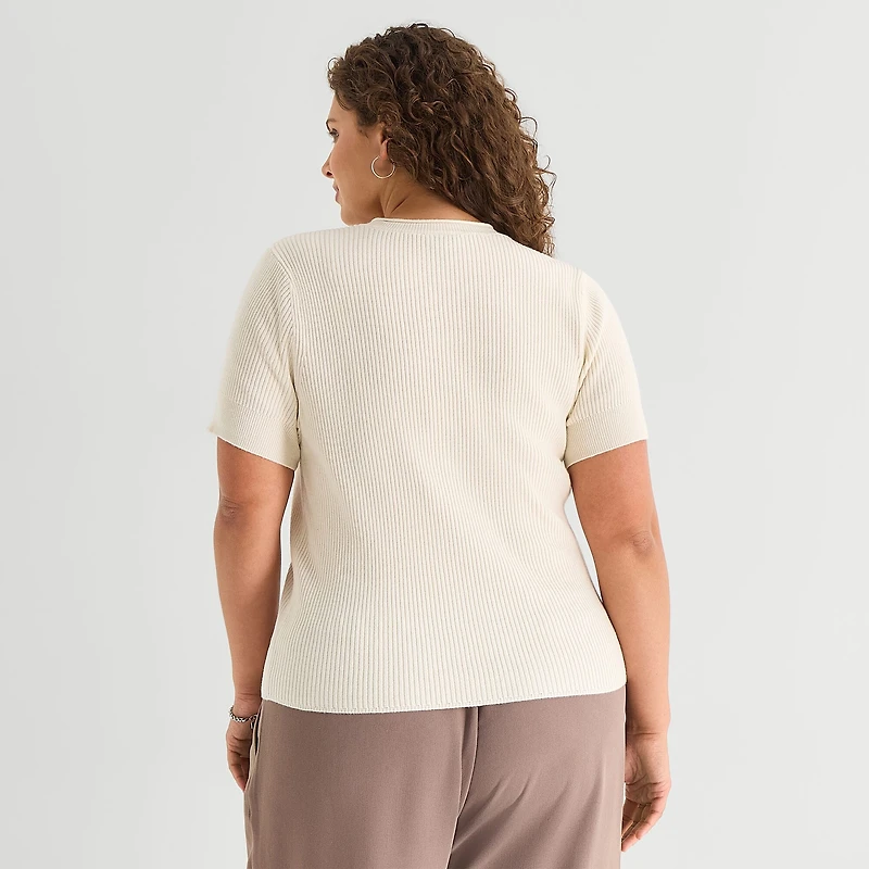 a.n.a Plus Womens Crew Neck Short Sleeve Pullover Sweater