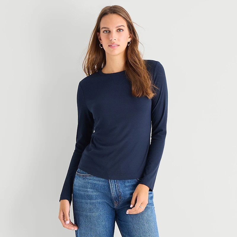 A.N.A Ribbed Womens Crew Neck Long Sleeve T-Shirt