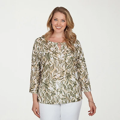 Hearts Of Palm Womens Plus Keyhole Neck 3/4 Sleeve T-Shirt