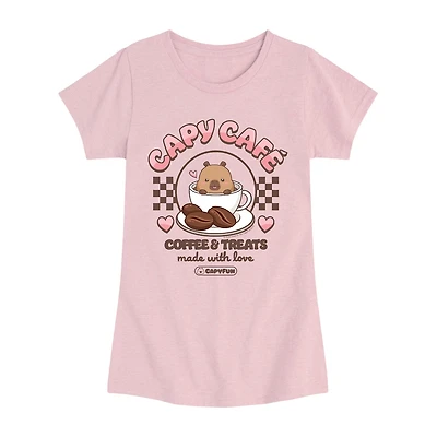 Capybara Cafe Big Kid Girls Crew Neck Short Sleeve Regular Fit Graphic T-Shirt