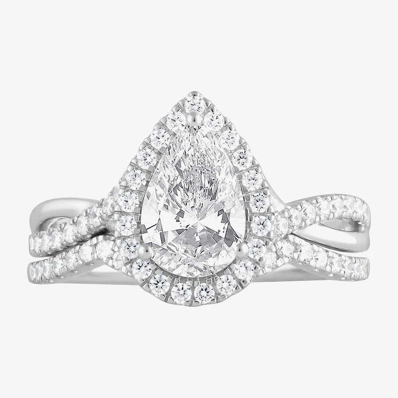 (G / Si1-Si2) Womens 2 CT. T.W. Lab Grown White Diamond Sterling Silver Pear Side Stone Bridal Set