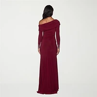 Premier Amour Womens Asymmetrical Neck Long Sleeve Fitted Evening Gown