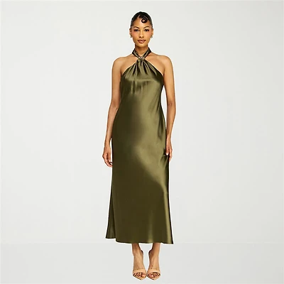 Premier Amour Womens Midi Halter Neck Sleeveless Evening Gown