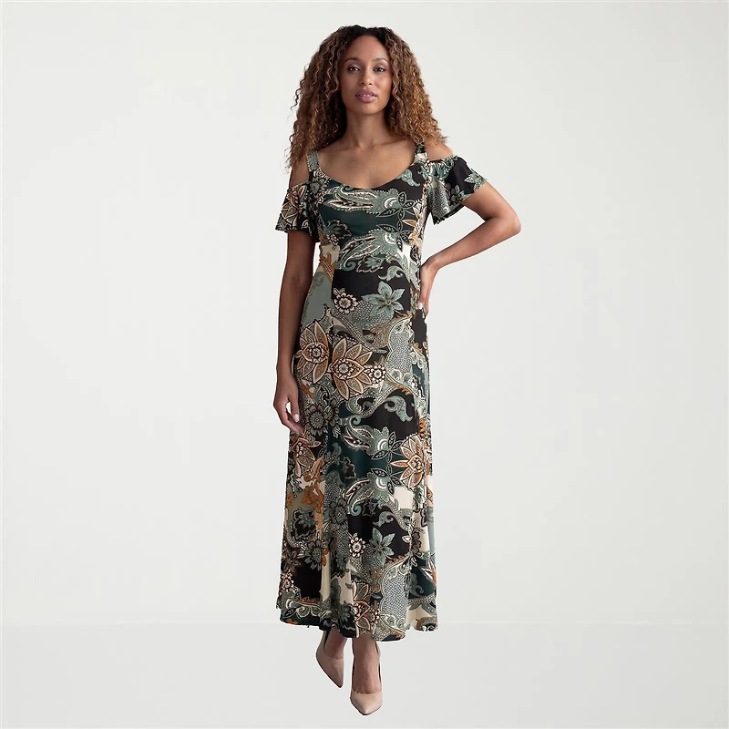 24seven Comfort Apparel Maternity Womens Square Neck Short Sleeve Paisley A-Line Dress