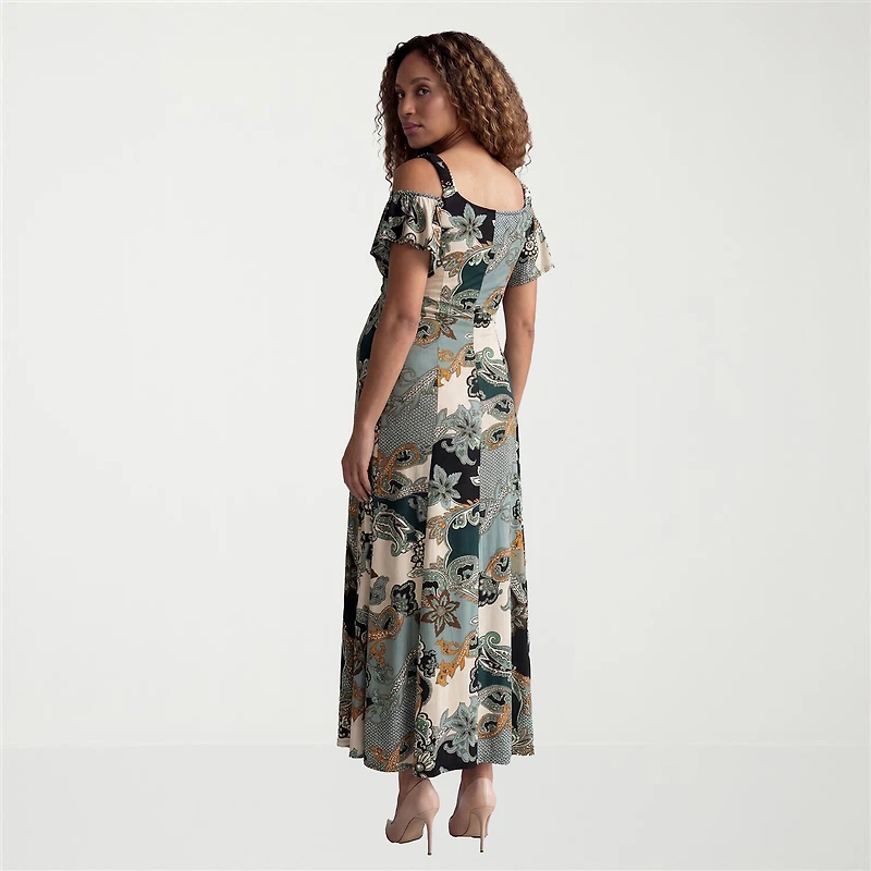 24seven Comfort Apparel Maternity Womens Square Neck Short Sleeve Paisley A-Line Dress