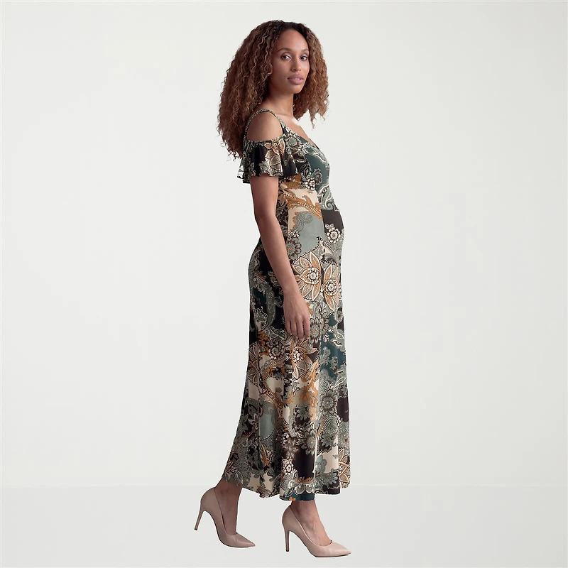 24seven Comfort Apparel Maternity Womens Square Neck Short Sleeve Paisley A-Line Dress
