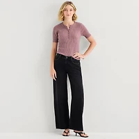A.N.A Womens Henley Neck Short Sleeve Striped Pullover Sweater