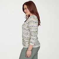 Alfred Dunner Provence Womens Crew Neck 3/4 Sleeve Paisley Pullover Sweater