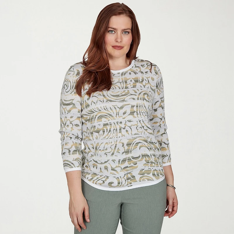 Alfred Dunner Provence Womens Crew Neck 3/4 Sleeve Paisley Pullover Sweater