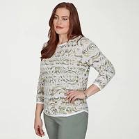 Alfred Dunner Provence Womens Crew Neck 3/4 Sleeve Paisley Pullover Sweater