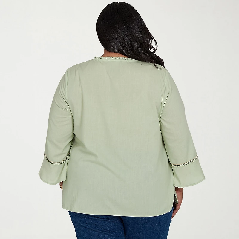 Alfred Dunner Inidigo Girls Womens Plus Split Crew Neck 3/4 Sleeve Blouse