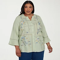 Alfred Dunner Inidigo Girls Womens Plus Split Crew Neck 3/4 Sleeve Blouse