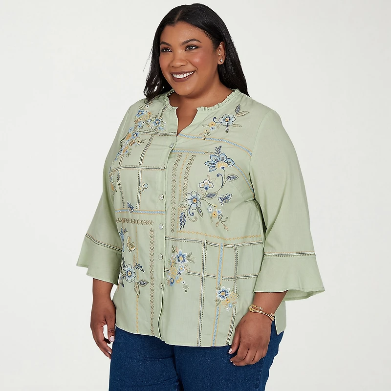 Alfred Dunner Inidigo Girls Womens Plus Split Crew Neck 3/4 Sleeve Blouse