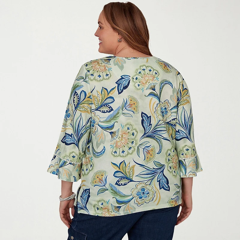 Alfred Dunner Inidigo Girls Womens Plus Crew Neck 3/4 Sleeve T-Shirt