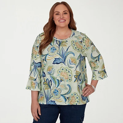Alfred Dunner Inidigo Girls Womens Plus Crew Neck 3/4 Sleeve T-Shirt