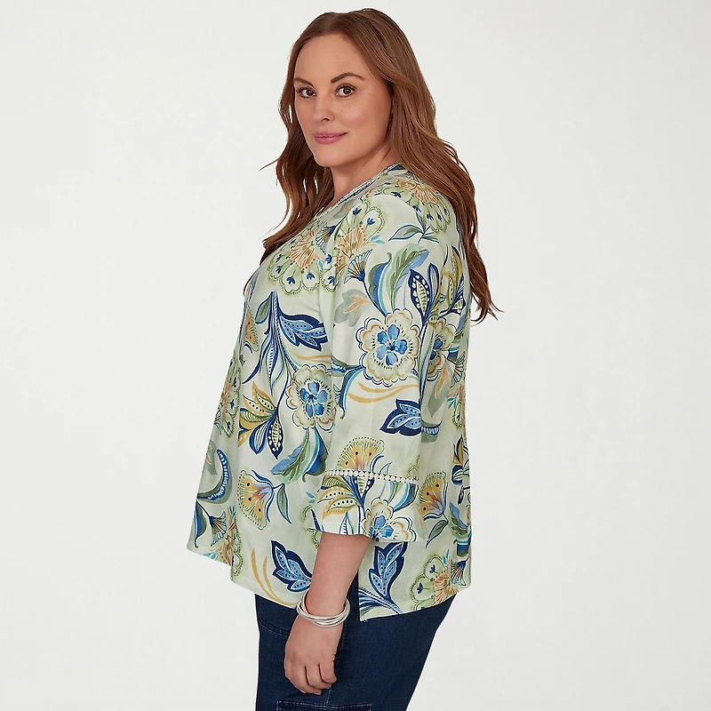 Alfred Dunner Inidigo Girls Womens Plus Crew Neck 3/4 Sleeve T-Shirt