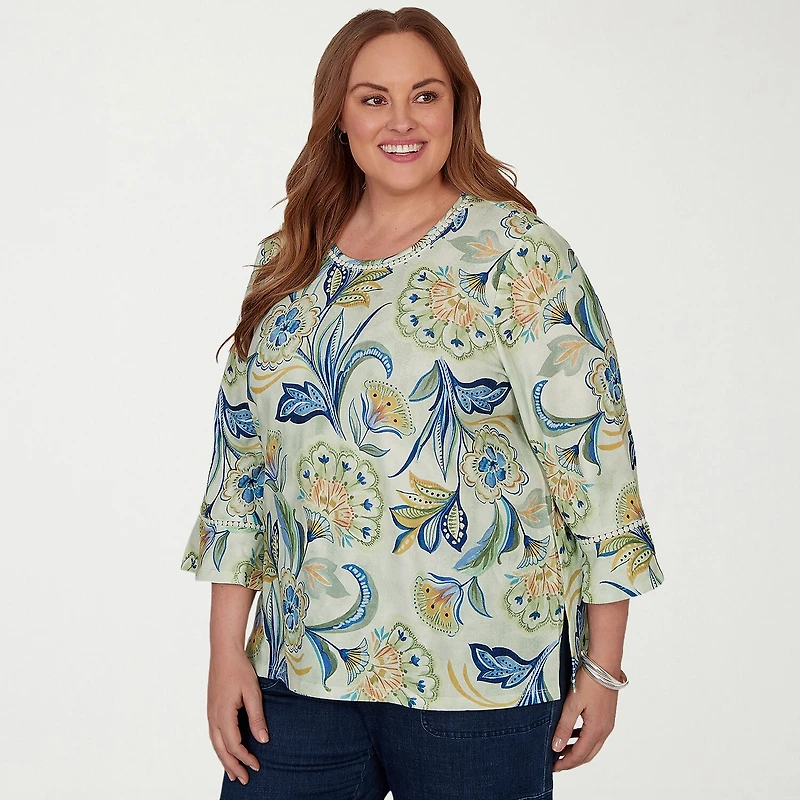Alfred Dunner Inidigo Girls Womens Plus Crew Neck 3/4 Sleeve T-Shirt
