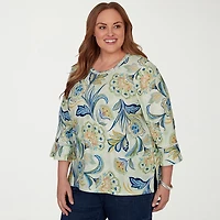 Alfred Dunner Inidigo Girls Womens Plus Crew Neck 3/4 Sleeve T-Shirt