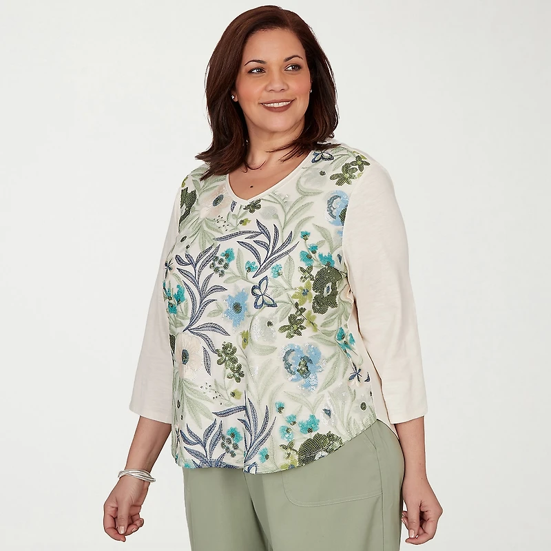 Alfred Dunner Inidigo Girls Womens Plus 3/4 Sleeve T-Shirt