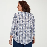 Alfred Dunner Inidigo Girls Womens Plus Crew Neck 3/4 Sleeve T-Shirt
