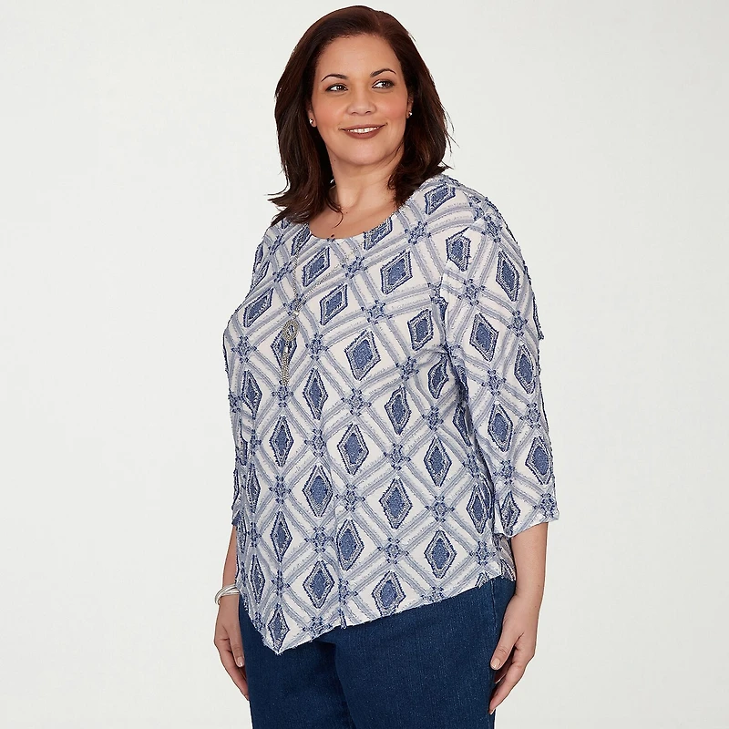 Alfred Dunner Inidigo Girls Womens Plus Crew Neck 3/4 Sleeve T-Shirt