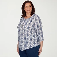 Alfred Dunner Inidigo Girls Womens Plus Crew Neck 3/4 Sleeve T-Shirt