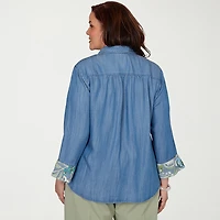 Alfred Dunner Inidigo Girls Womens Plus Ruffled 3/4 Sleeve Regular Fit Button-Down Shirt