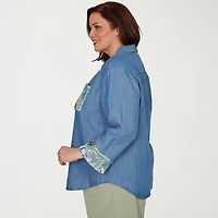 Alfred Dunner Inidigo Girls Womens Plus Ruffled 3/4 Sleeve Regular Fit Button-Down Shirt