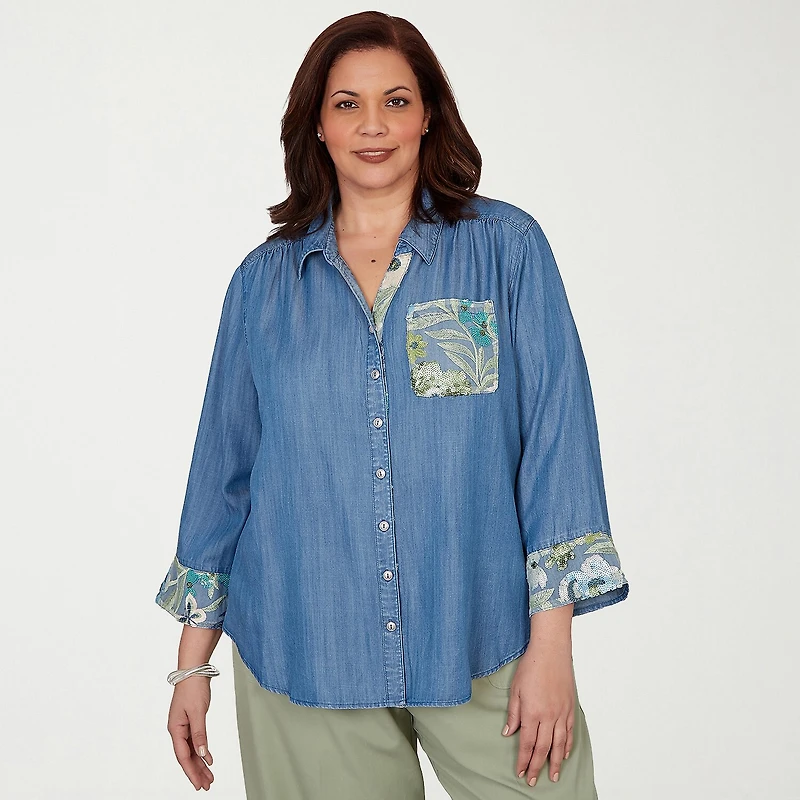 Alfred Dunner Inidigo Girls Womens Plus Ruffled 3/4 Sleeve Regular Fit Button-Down Shirt